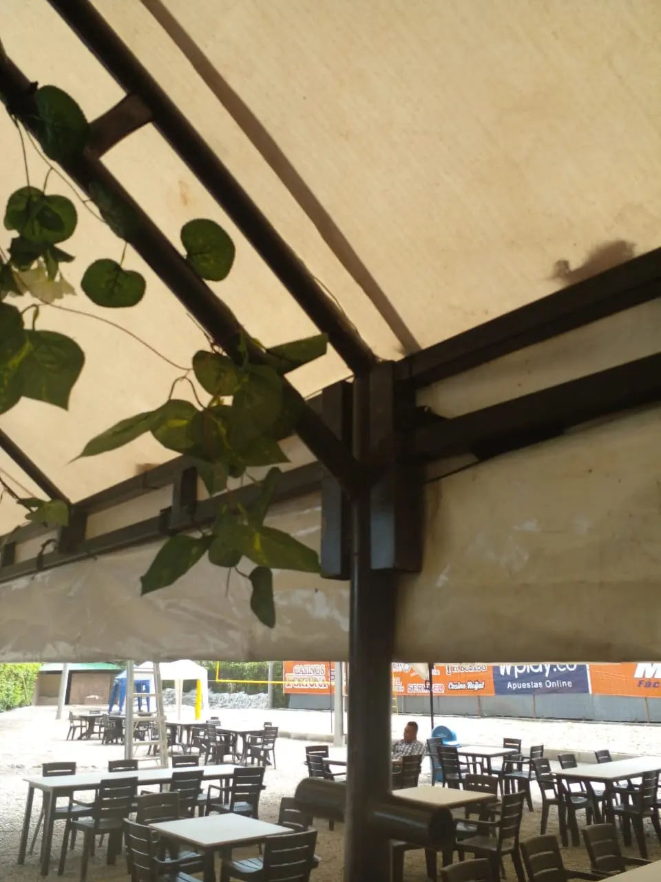 Espacio de mesas funcionando bajo las carpas