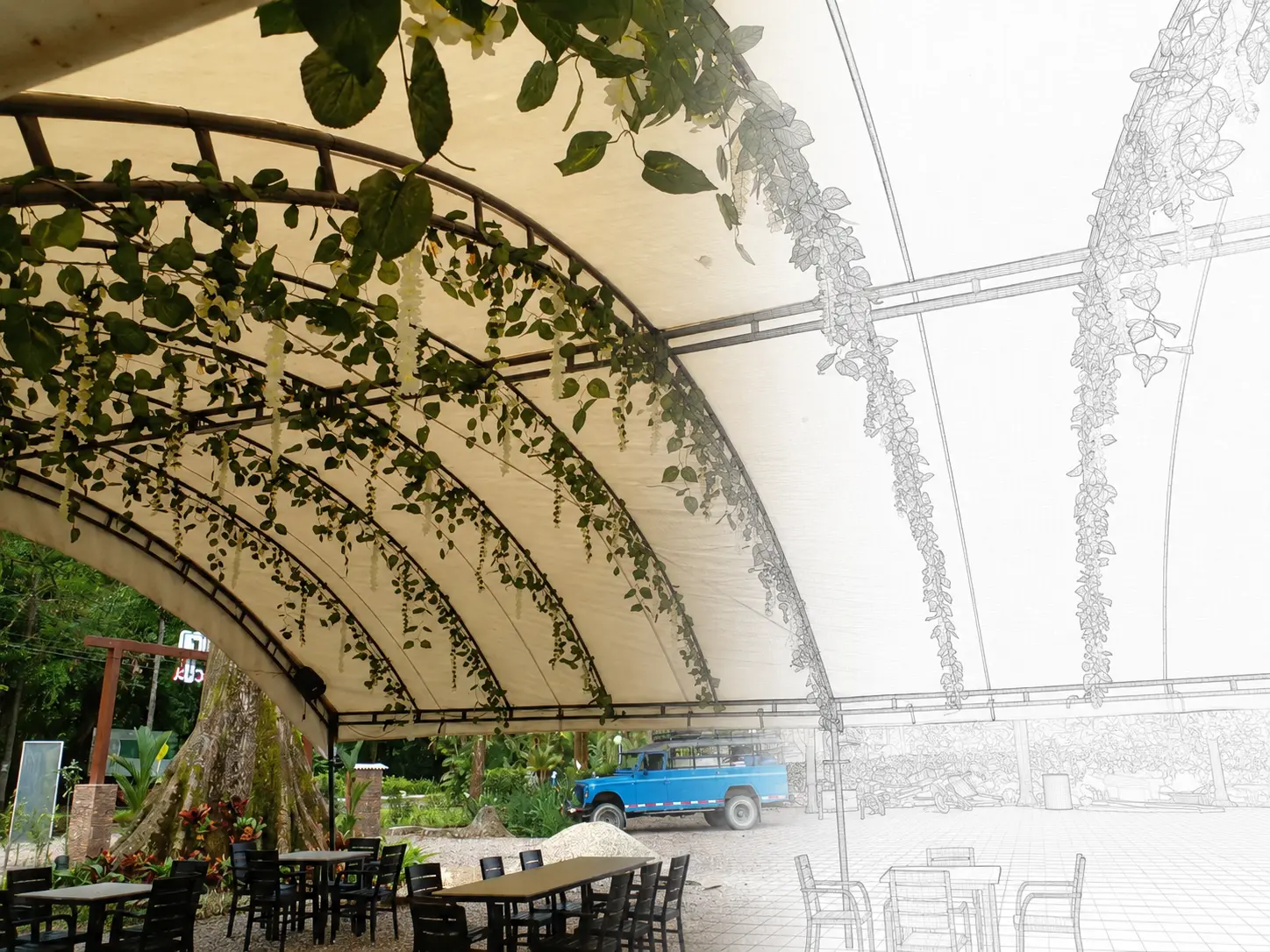 Terraza de restaurante cubierta con estructura de arco en lona tipo camión, cercanías de Puerto López, Meta