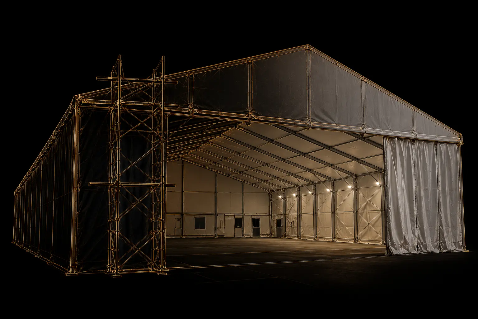Cubrimientos industriales en lona de alta resistencia y planeación profesional, con instalación por Carpas El Sol para bodega en Colombia.